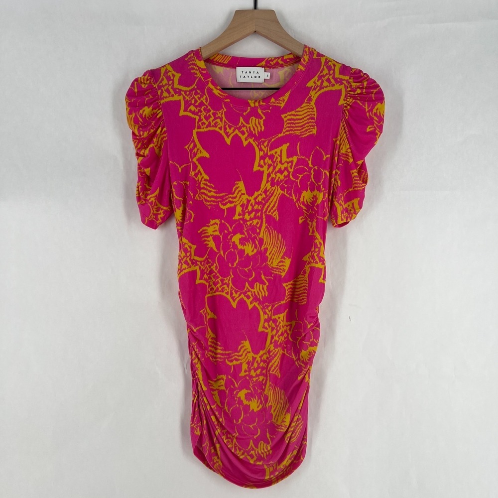 Tanya Taylor Chaia Floral Ruched S Jersey Top In Ikat Flower Ruched Puff Sleeve